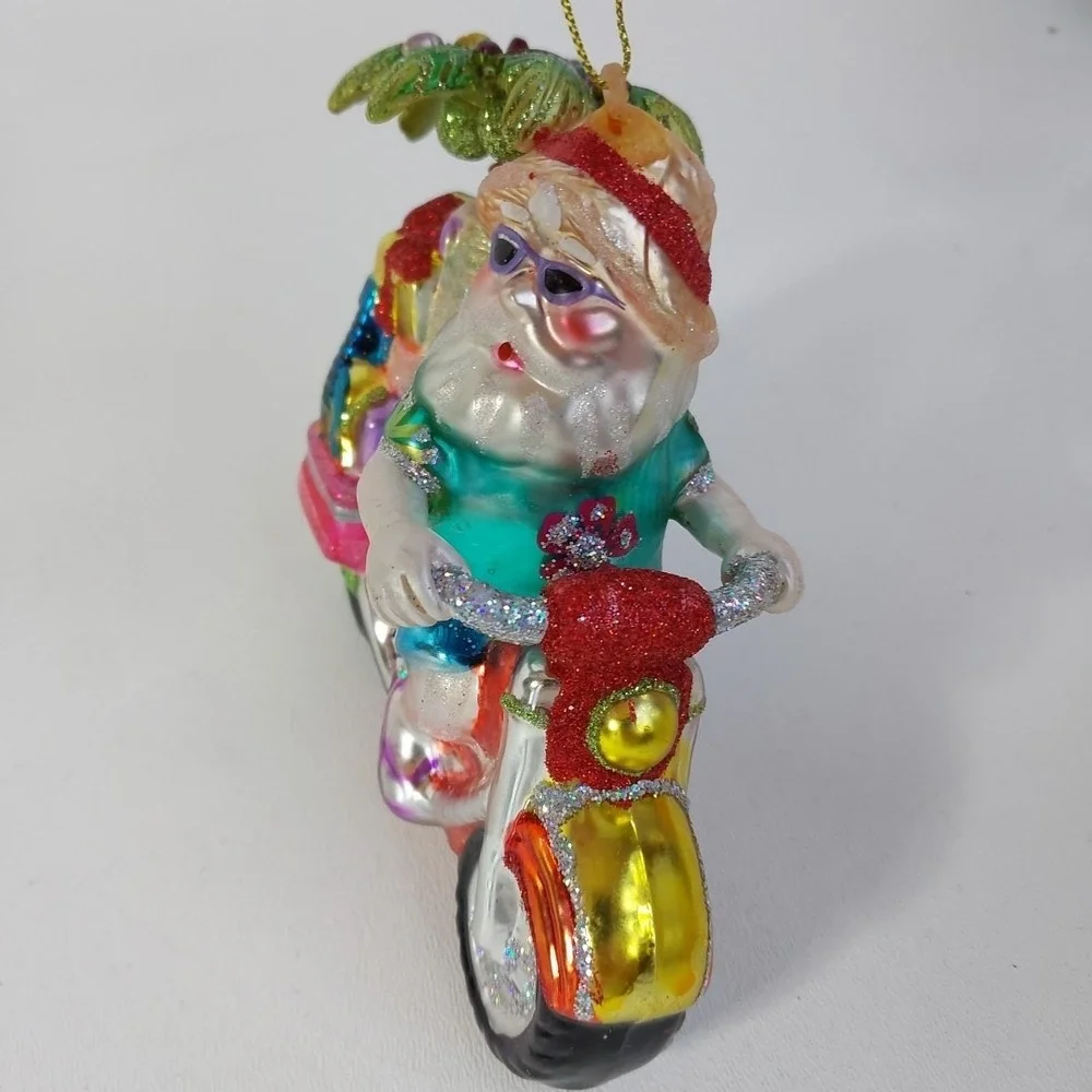 Hawaiian Santa Riding Motorcycle Glass Christmas Ornament w/ Palm‎ Tree